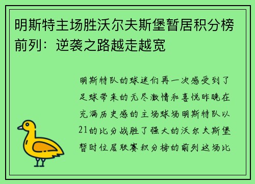 明斯特主场胜沃尔夫斯堡暂居积分榜前列：逆袭之路越走越宽