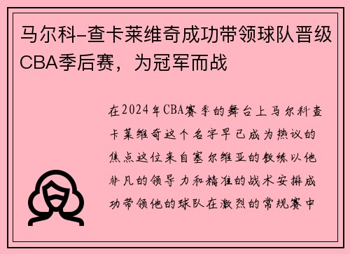 马尔科-查卡莱维奇成功带领球队晋级CBA季后赛，为冠军而战